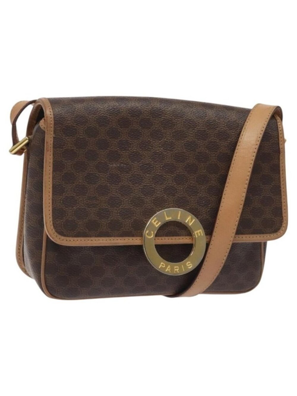 Authentic CELINE Macadam Canvas Shoulder Bag PVC Leather Brown Gold - Picture 1 of 16
